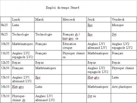 Emploi du temps 3ème4